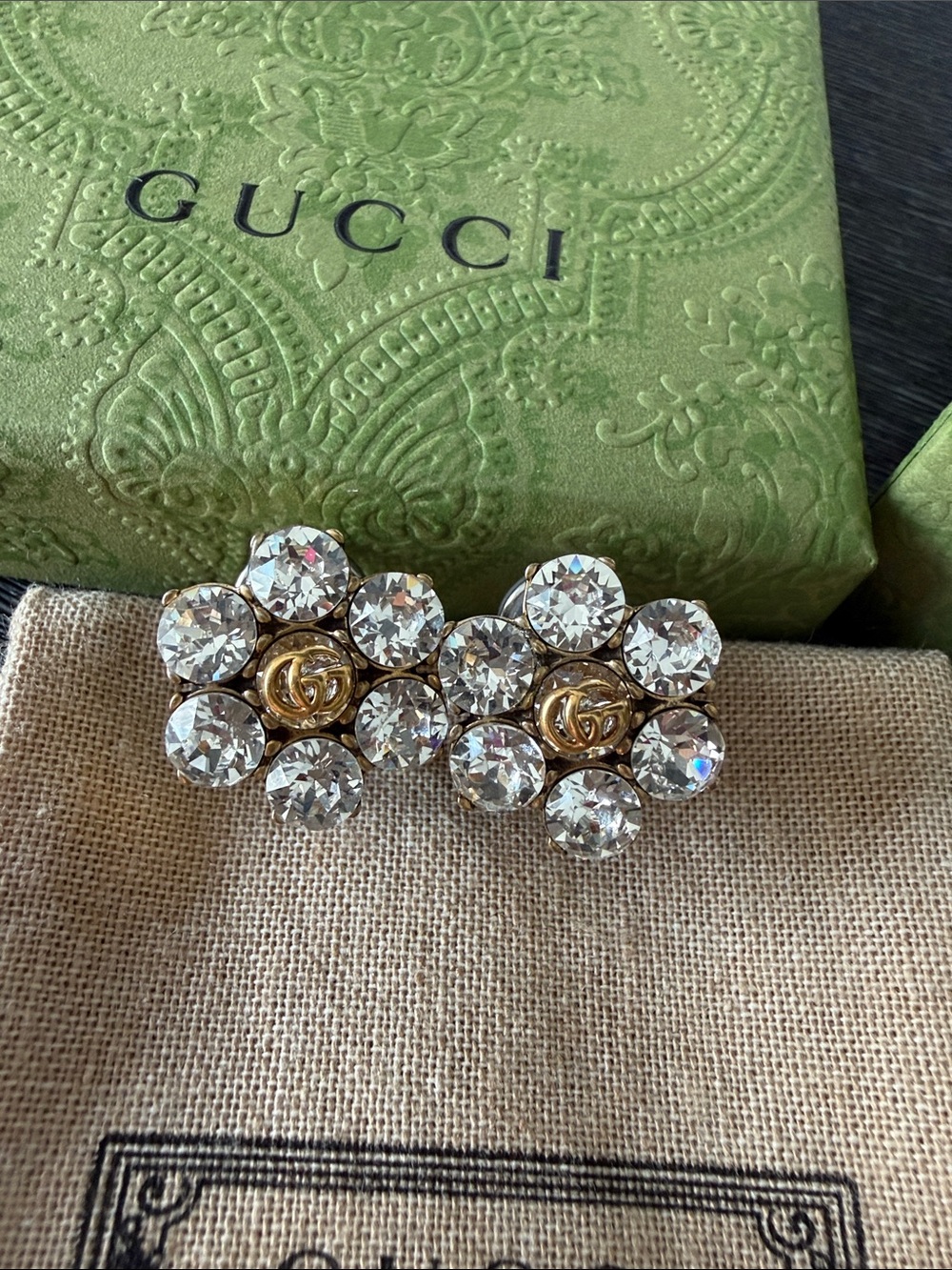 Gucci Gold-Tone Double G Crystal Cluster Stud Earrings with Clear Stones